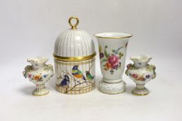 A pair of Meissen flower encrusted vases, a Rosenthal 'birdcage' jar and cover and a Rosenthal vase,