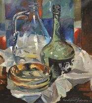 Beresford Johnson, oil on canvas, 'Two bottles', signed, International Amateur Art Exhibition,