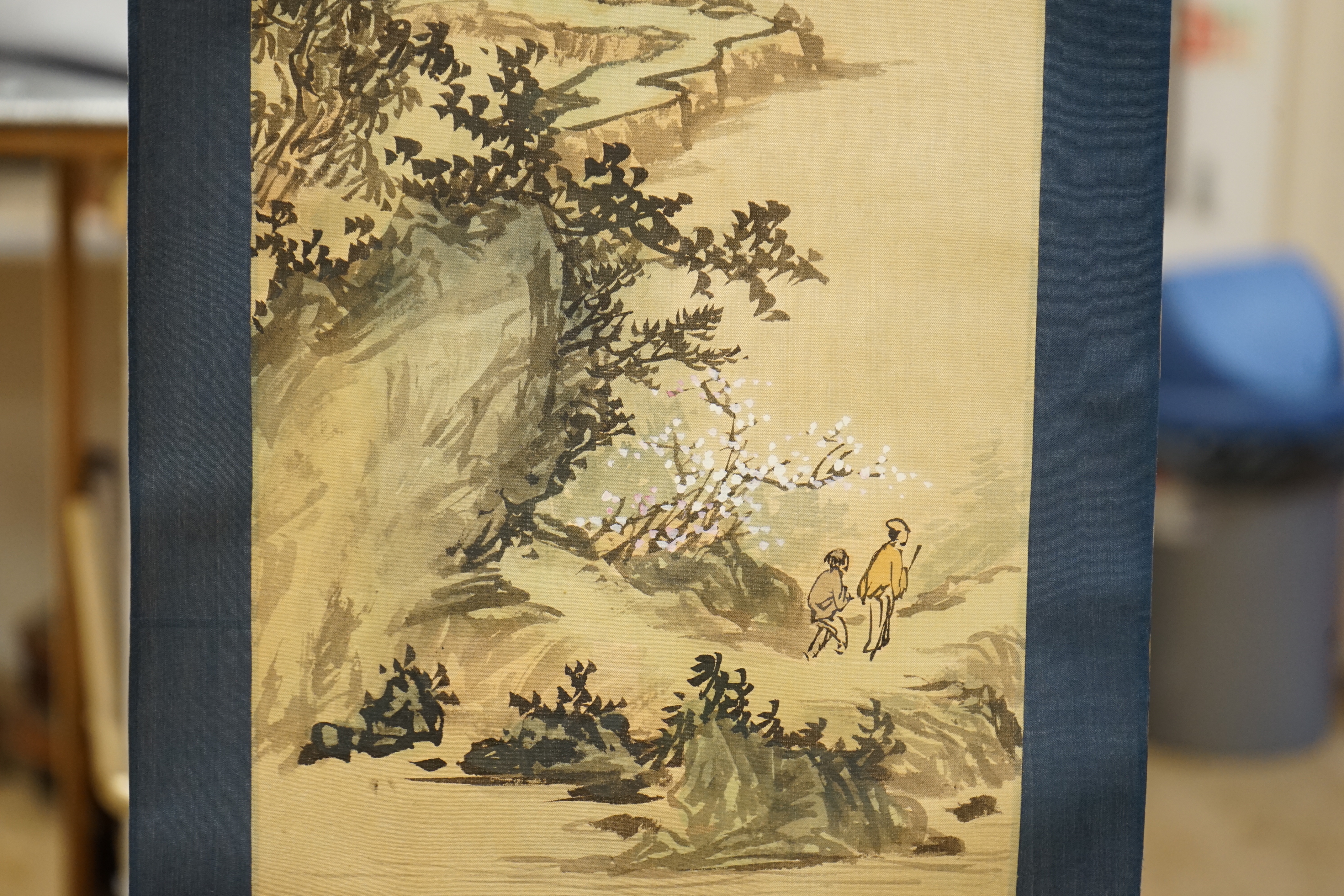Two Chinese painted scrolls, one on silk, a female wearing a kimono and a landscape - Image 4 of 12