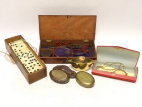 A boxed set of pan scales, a set of bone dominoes, two miner's snuff boxes, etc.