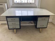 A mid century French industrial style enamelled metal kneehole desk, width 160cm, depth 90cm, height