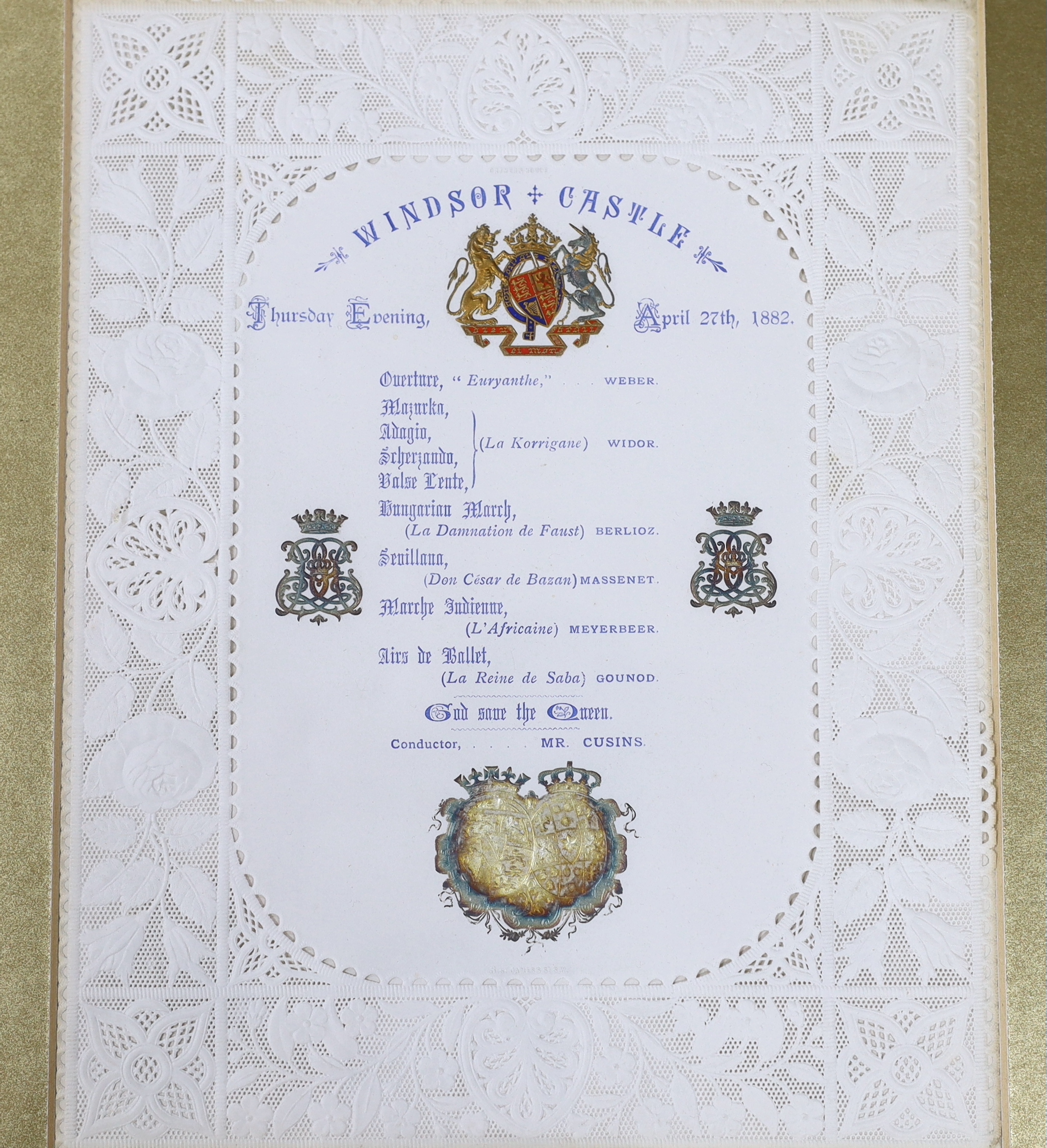 Royal interest - 19th century pierced paper opera programme, Windsor Castle, 27th April, 1882, - Image 2 of 2