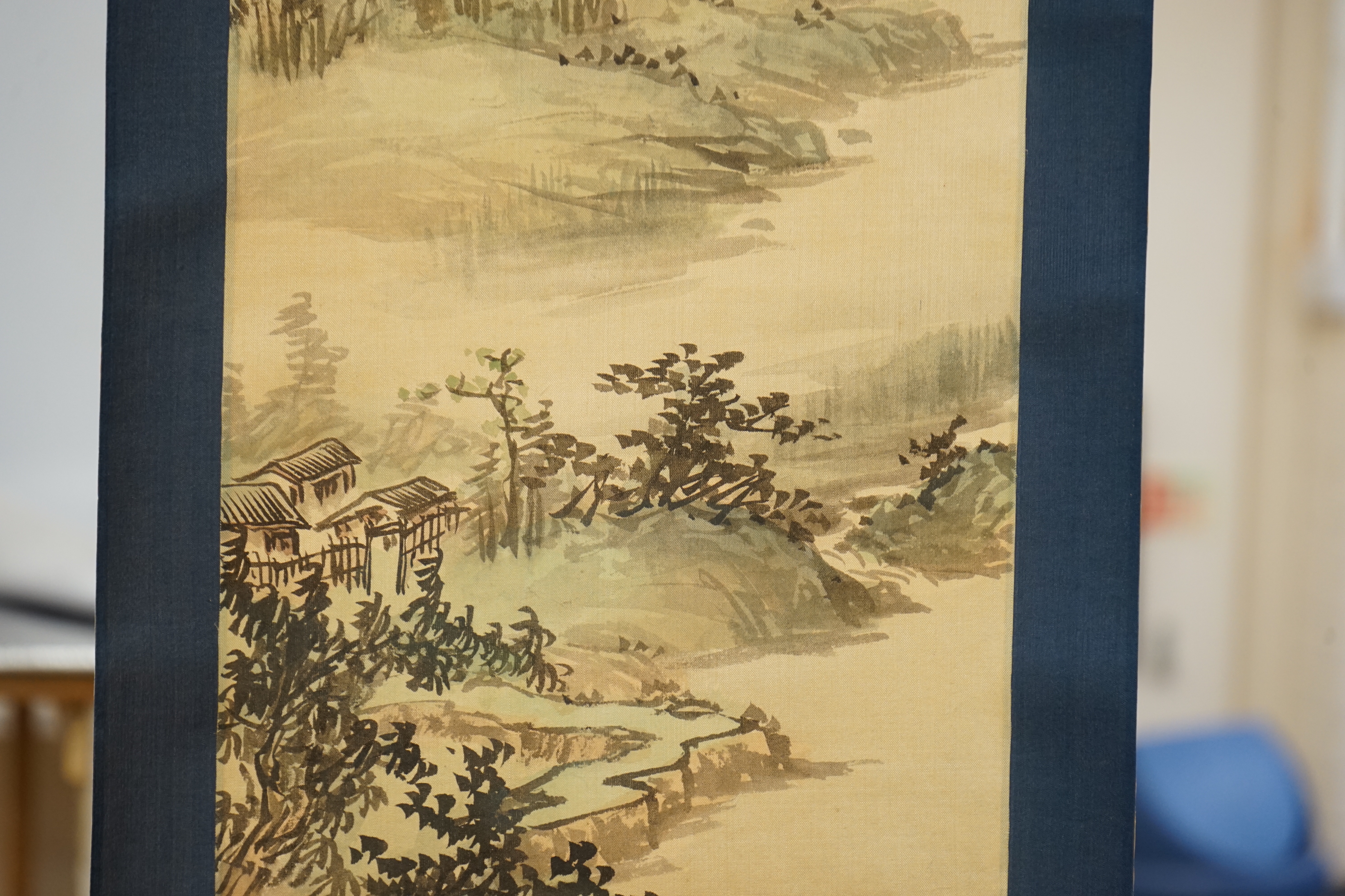 Two Chinese painted scrolls, one on silk, a female wearing a kimono and a landscape - Image 3 of 12