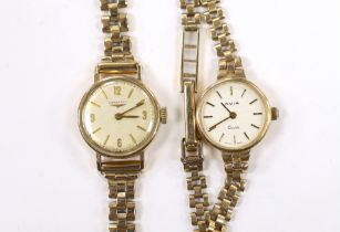 A lady's 9ct gold Longines manual wind wrist watch, on a 9ct gold bracelet and a similar Avia quartz