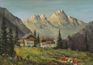 English School, oil on canvas, Alpine landscape with chalets, 52 x 70cm