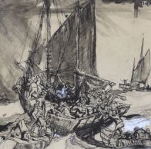 Attributed to Frank Brangwyn (1867-1956), pen, ink and wash, Fisherman and boats, unsigned, 28 x