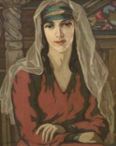 E. Loukine, oil on canvas, Portrait of a woman wearing a head-dress, signed, 63 x 53cm