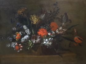 19th century English / Dutch school, oil on canvas, Still life of flowers in a basket, 57 x 70cm,