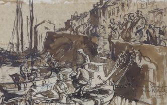 Frank Brangwyn (1867-1956), pen, ink and wash, Harbour scene with boats and figures, signed and
