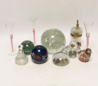 A glass dump, four paperweights, three airtwist glasses, 15cm, a scent bottle and an ink stand