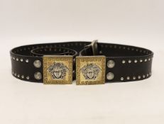A Versace black leather belt with Medusa motif mounts