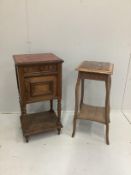 A late 19th century French bedside table and a small occasional table, both with marble tops
