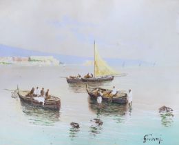 Gianni, gouache, Fishing boats in the Bay of Naples, signed, 23 x 29cm
