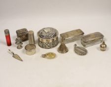 Small silver including two silver mounted glass toilet boxes, a Victorian engraved scent bottle by