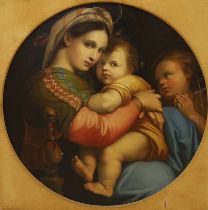 After Raphael (Italian, 1483-1520), oil on canvas, Madonna della Seggiola, applied plaque to the