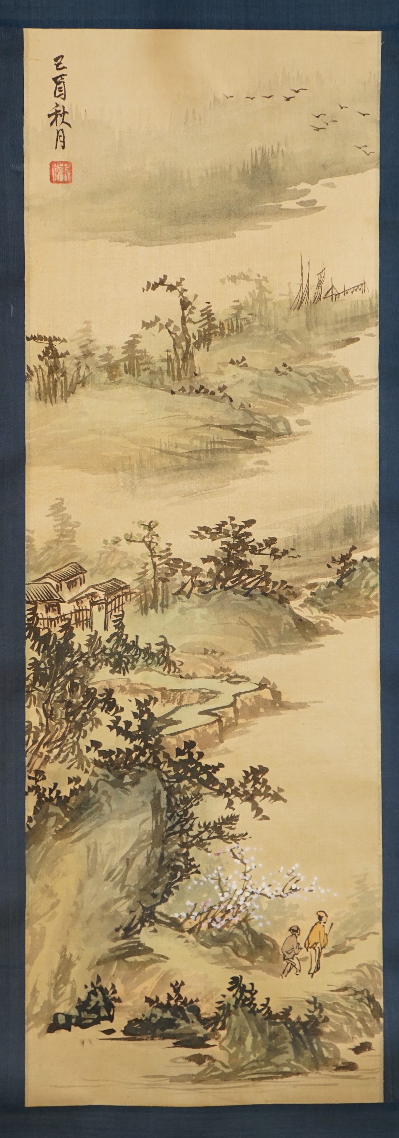 Two Chinese painted scrolls, one on silk, a female wearing a kimono and a landscape