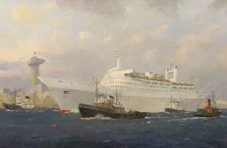 Hugh Ridge (1899-1976), oil on canvas, Shipping scene with cruise ship, signed, 50 x 75cm