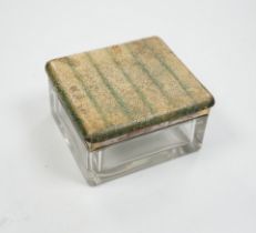 A George V silver and shagreen mounted glass square toilet box, with hinged cover, by George
