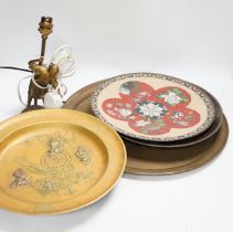 A Japanese cloisonné enamel dish, another similar dish, a Chinese mixed metal dish and a figural