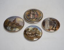 Eight Victorian ceramic Prattware pot lids, six with Shakespeare themes and a jar and cover, largest