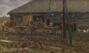 Kotov Vladimir Ivanovich (Russian, 1944-1989), oil on board, Carts beside a barn, label verso, 20