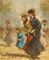 Tommaso Principe (1942- ) , oil on canvas, Women and girl in a crowd, signed, 29 x 23cm