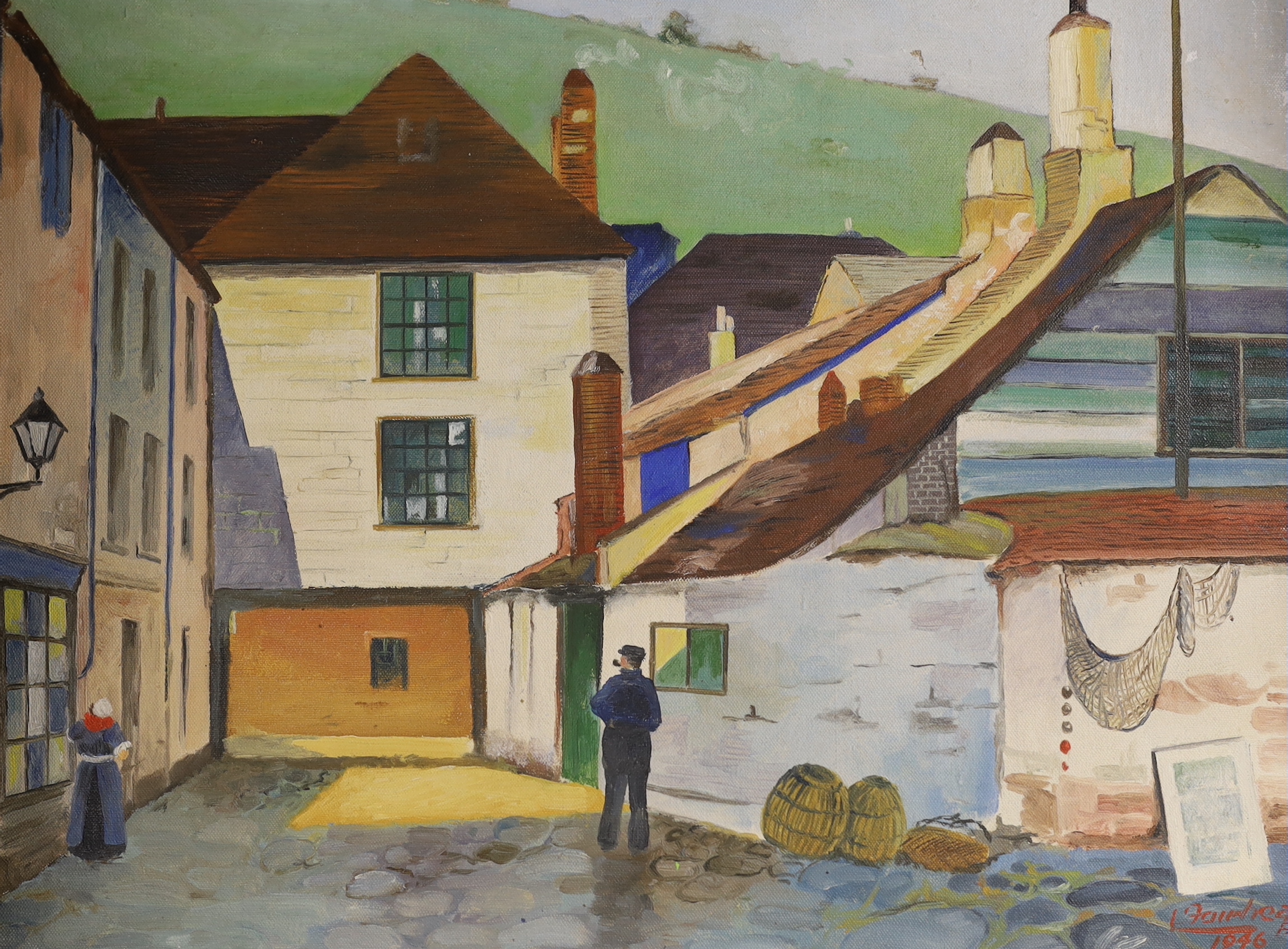 Modern British, oil on canvas, Coastal village landscape, indistinctly signed, and dated 1946,