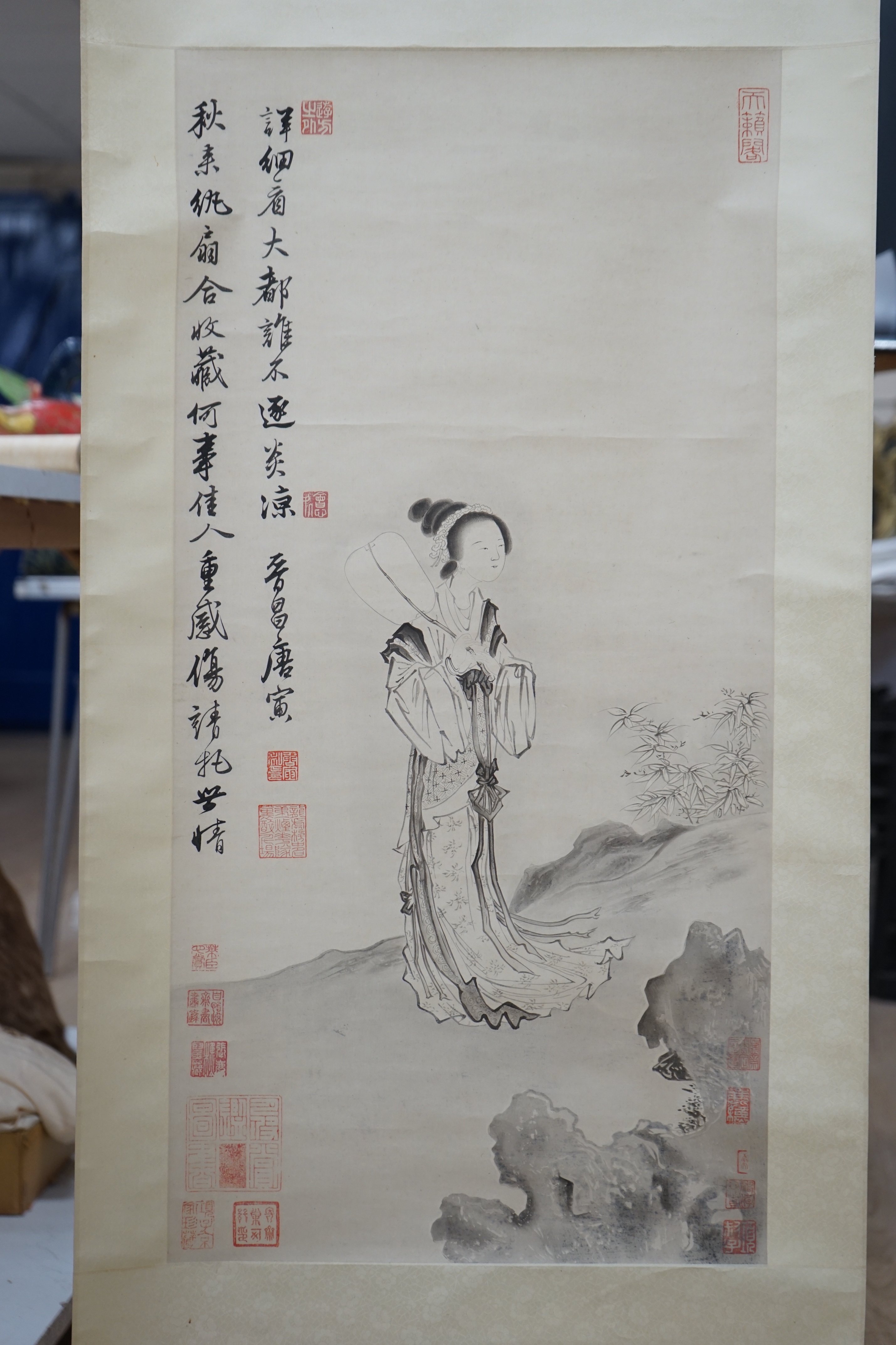 Two Chinese painted scrolls, one on silk, a female wearing a kimono and a landscape - Image 9 of 12
