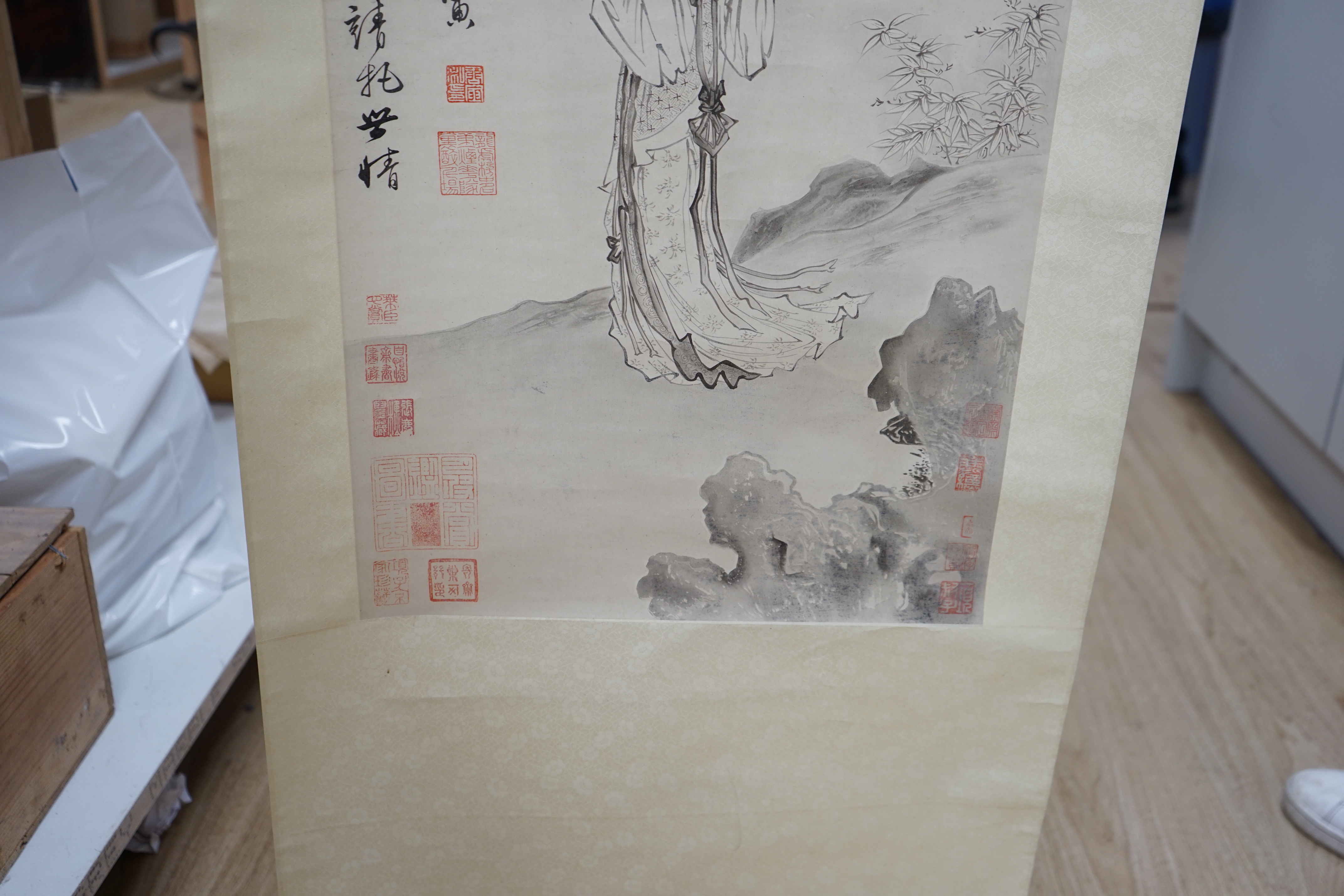 Two Chinese painted scrolls, one on silk, a female wearing a kimono and a landscape - Image 12 of 12