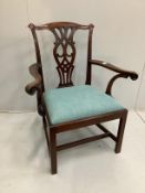 A George III mahogany elbow chair, width 82cm, depth 50cm, height 98cm