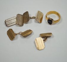 A 1930's part 22ct gold and banded black onyx set signet ring, (the ring head later associated),