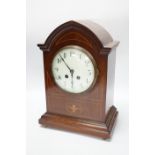 An Edwardian inlaid mahogany mantel clock striking on a coiled gong, 37cm