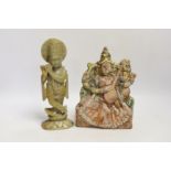 An Indian soapstone carved figure of Krishna and a terracotta figure of Saraswati, tallest 23cm