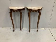 A pair of French beech marble topped small console tables, width 46cm, depth 28cm, height 76cm