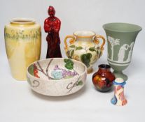 Five ceramic items including a Wedgwood pedestal vase, a Ruskin lustre glaze vase, a Doulton
