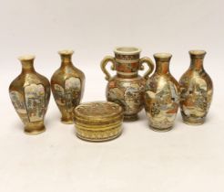 A collection of miniature Japanese satsuma, Meiji vases and a box and cover, box and cover 6cm