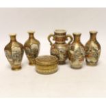 A collection of miniature Japanese satsuma, Meiji vases and a box and cover, box and cover 6cm