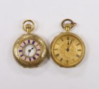 An early 20th century Swiss 18ct and enamel half hunter fob watch and one other 18k open face fob