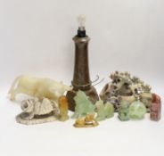 A Cornish serpentine novelty lighthouse lamp and mixed soapstone and hard stone carvings (12),