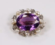 A yellow metal, amethyst, baroque pearl and diamond chip set oval brooch, 32mm, gross weight 11.4