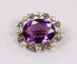 A yellow metal, amethyst, baroque pearl and diamond chip set oval brooch, 32mm, gross weight 11.4