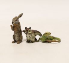 Three Austrian cold painted bronze models of a hare, a lizard and an owl, largest 3.5cm high