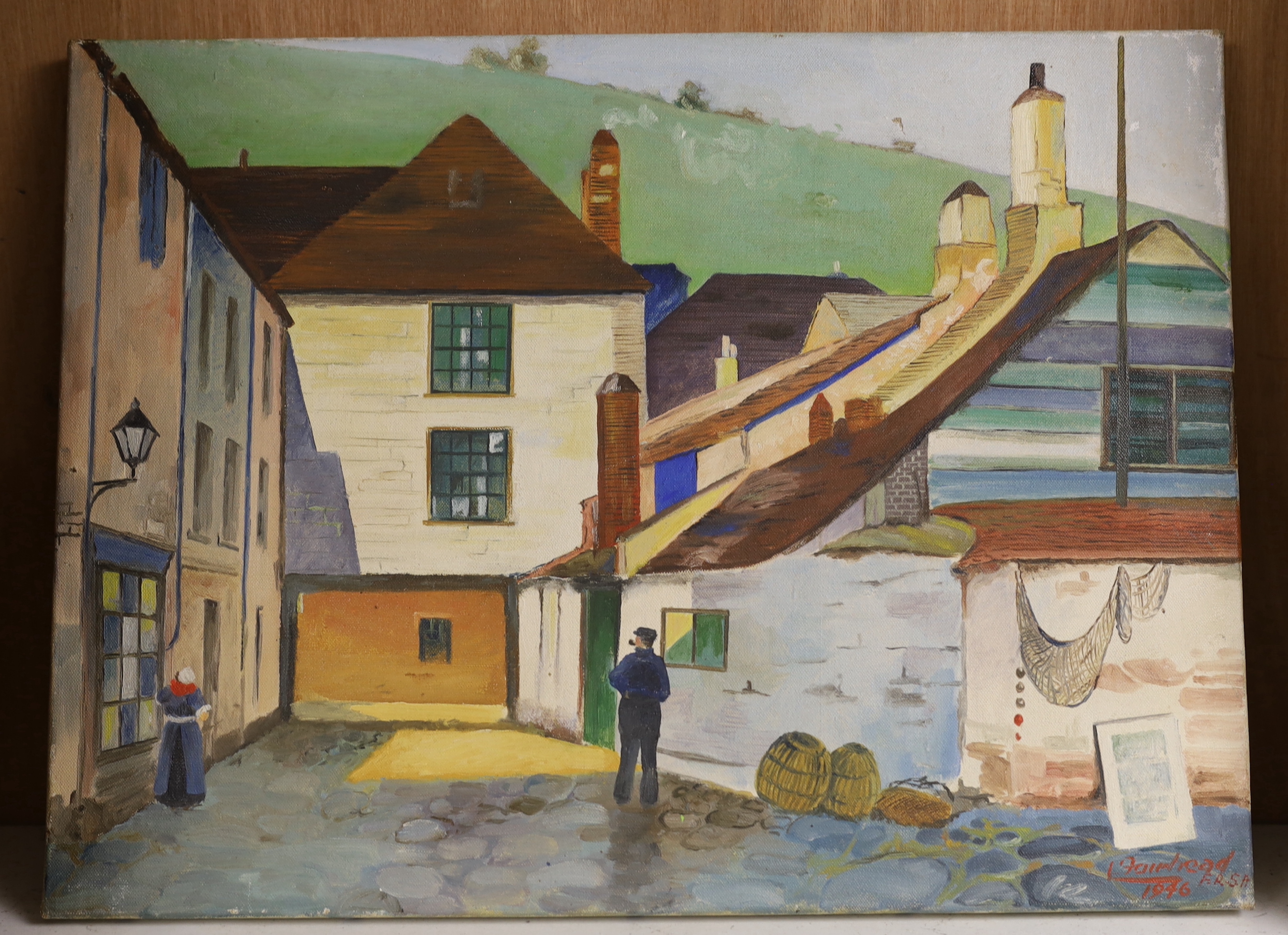 Modern British, oil on canvas, Coastal village landscape, indistinctly signed, and dated 1946, - Image 2 of 4