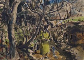 Modern British, ink and watercolour, Woman on a woodland path, indistinctly signed and dated 1954,