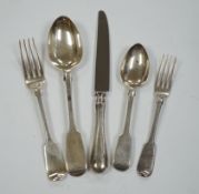 A harlequin part canteen of mainly 19th century silver fiddle pattern flatware, various dates and