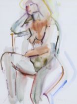 Samuel Dodwell (1909-1990), ink and watercolour, Seated nude lady, signed, details verso, 49 x 38cm