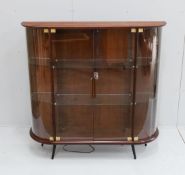 A mid century Indian rosewood glazed display cabinet with lighting, width 133cm, depth 36cm,