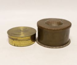 A small circular John Pearson copper box, stamped on base, together with a compass, Pearson box