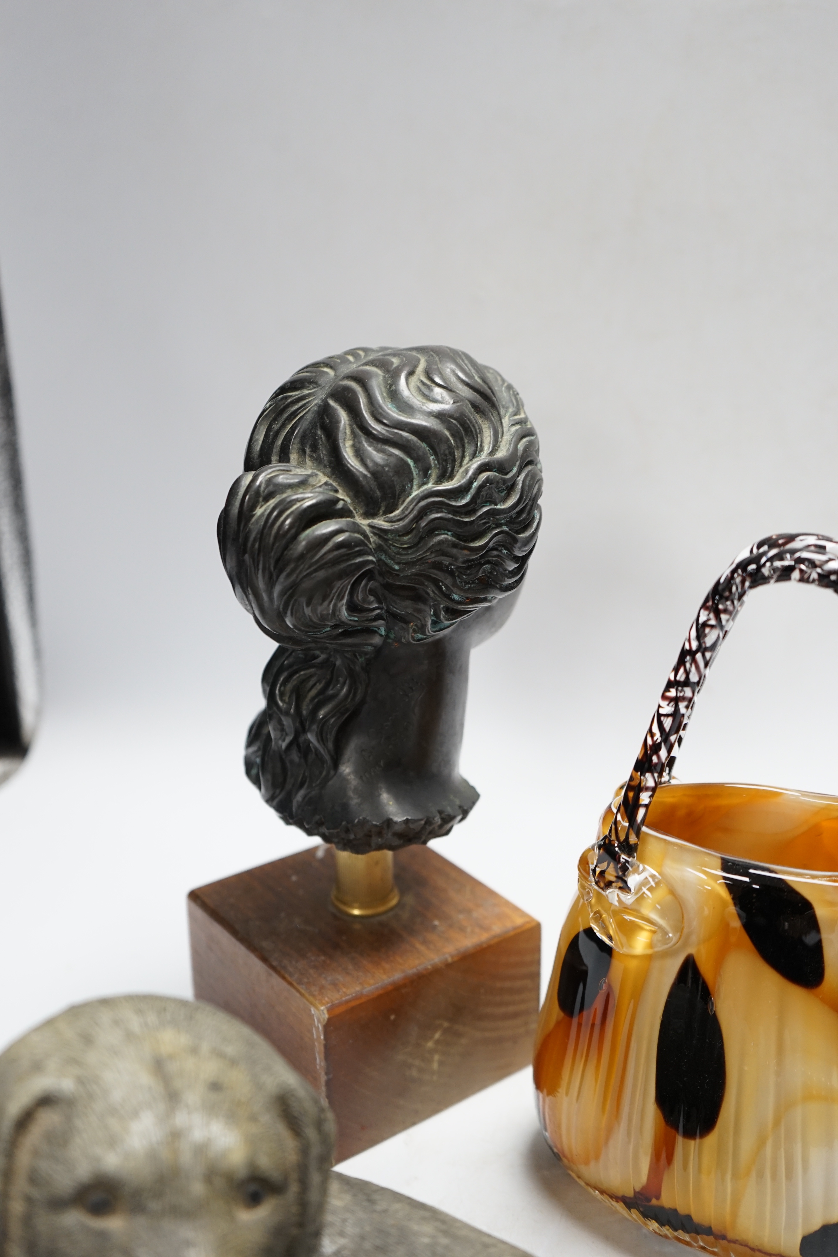 An early 20th century Italian signed bust of a lady, a studio glass basket, model of a dog and a - Image 7 of 8