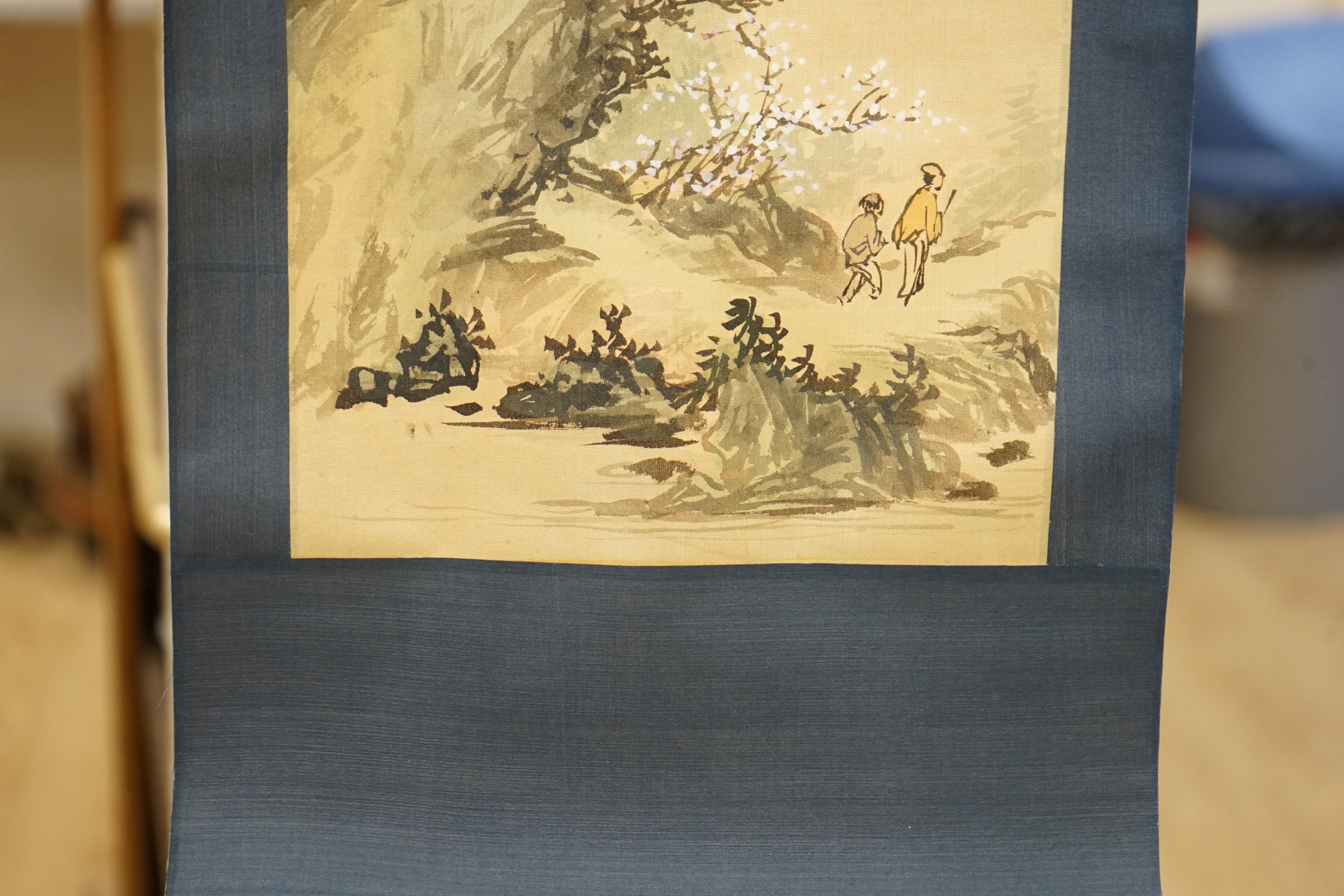 Two Chinese painted scrolls, one on silk, a female wearing a kimono and a landscape - Image 5 of 12